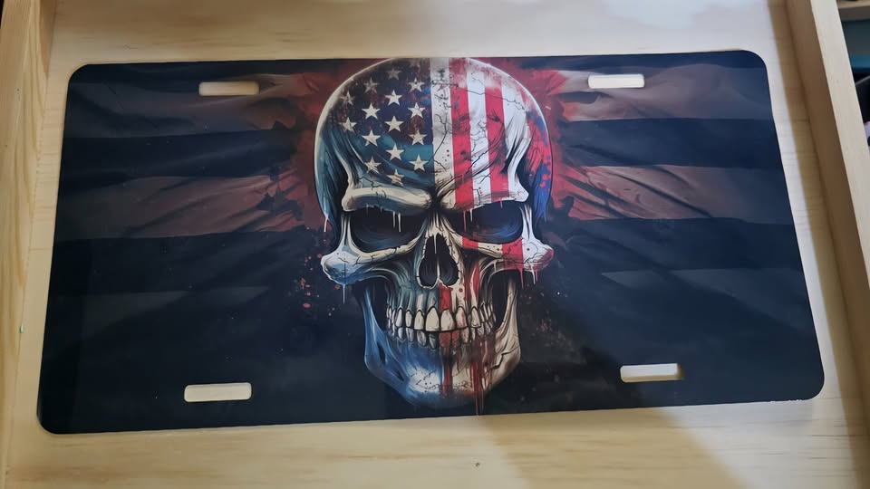 Red white and blue skull license plate