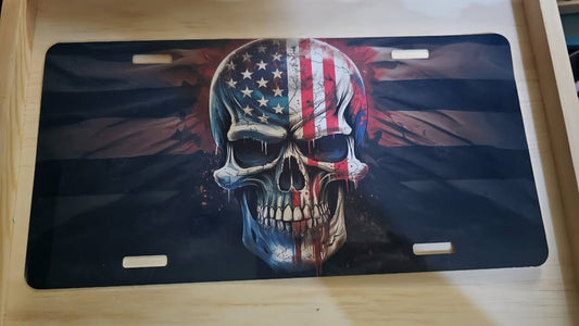 Red white and blue skull license plate