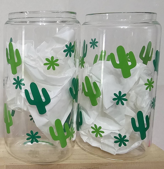 2 piece 16oz glass tumblers with cactus